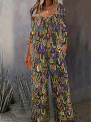 Leopard Print Long Sleeve Wide Leg Jumpsuit With Pockets