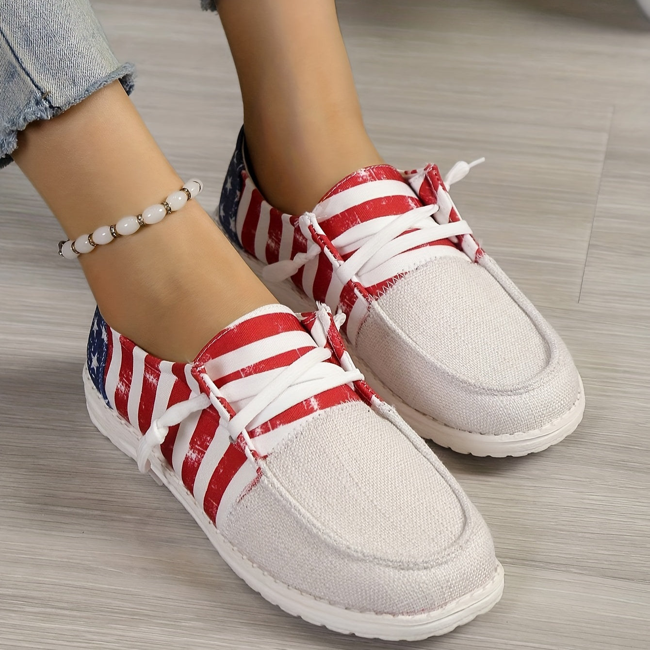 Star & Flag Pattern Canvas Lace Up Sneakers