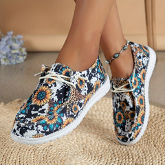 Leopard Print Canvas Lace-Up Flat Shoes Lightweight Slip-On
