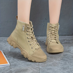 Women's Platform Combat Boots Lace Up Canvas Short Boots