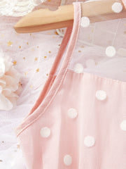 Girls Sleeveless Polka Dots Mesh Dress