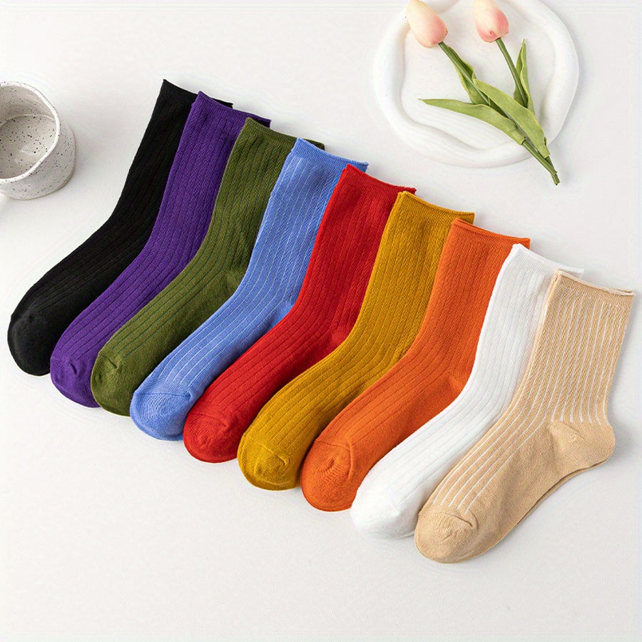 9 Pairs Women's Mid Tube Socks Breathable Solid Stockings Hosiery