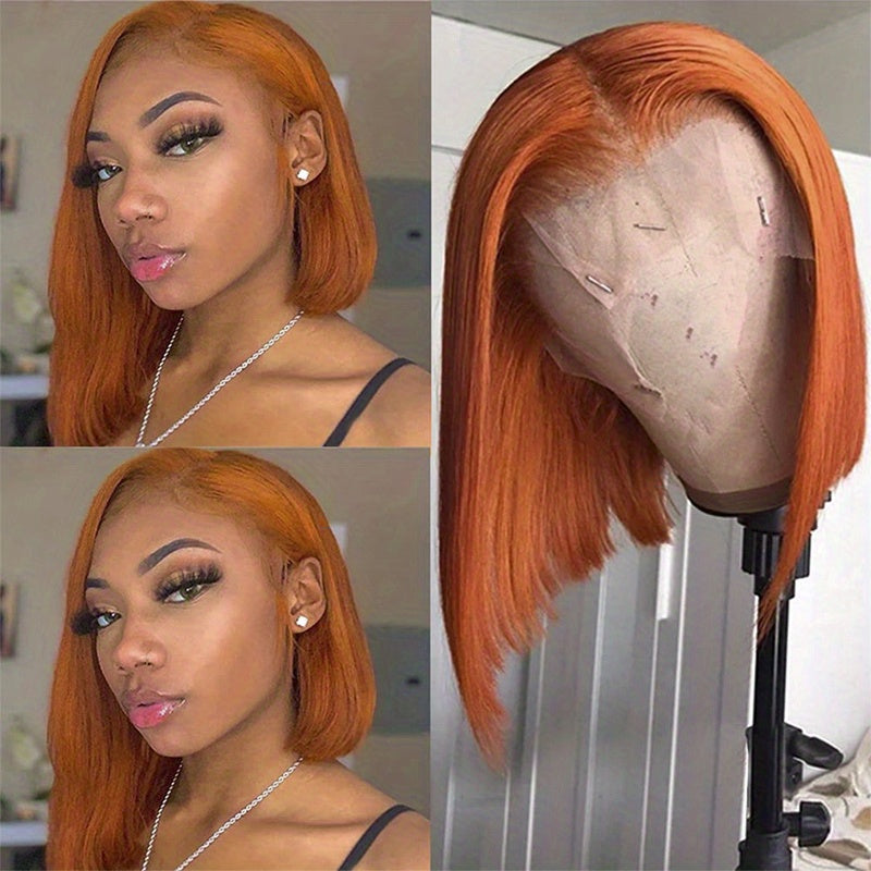Orange Ginger Short Bob Straight Hair Wig 13x4 Lace Frontal 180 Density