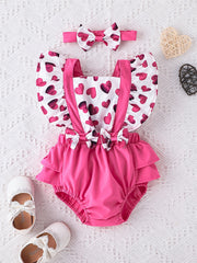 Newborn Infant Heart Print Romper & Bow Headband Set For Baby Girls