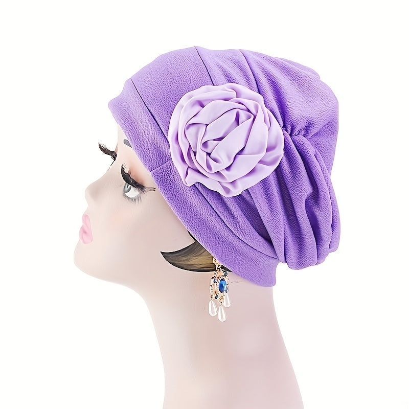 Flower Decor Turban Cap Elastic Head Wrap Chemo Hats Beanie Lightweight Bonnet