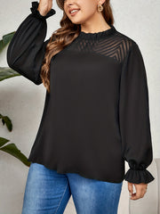 Plus Size Casual Blouse Women's Plus Solid Contrast Mesh Flounce Sleeve