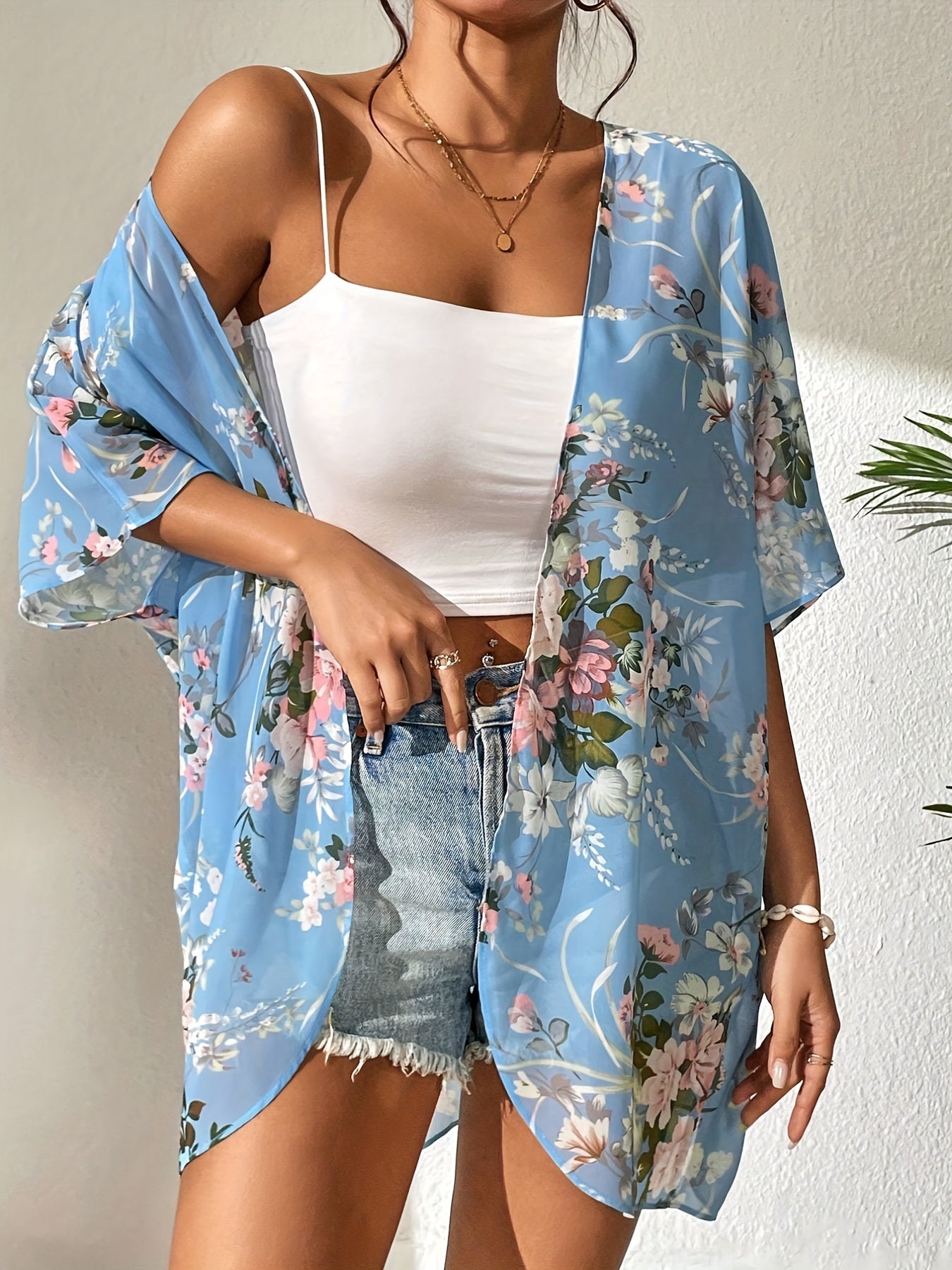 Floral Print Chiffon Kimono Sheer Cover Up Cardigan