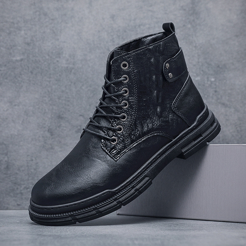 Men's Croc Print Casual Lace-up Boots w/ Buckle Decor