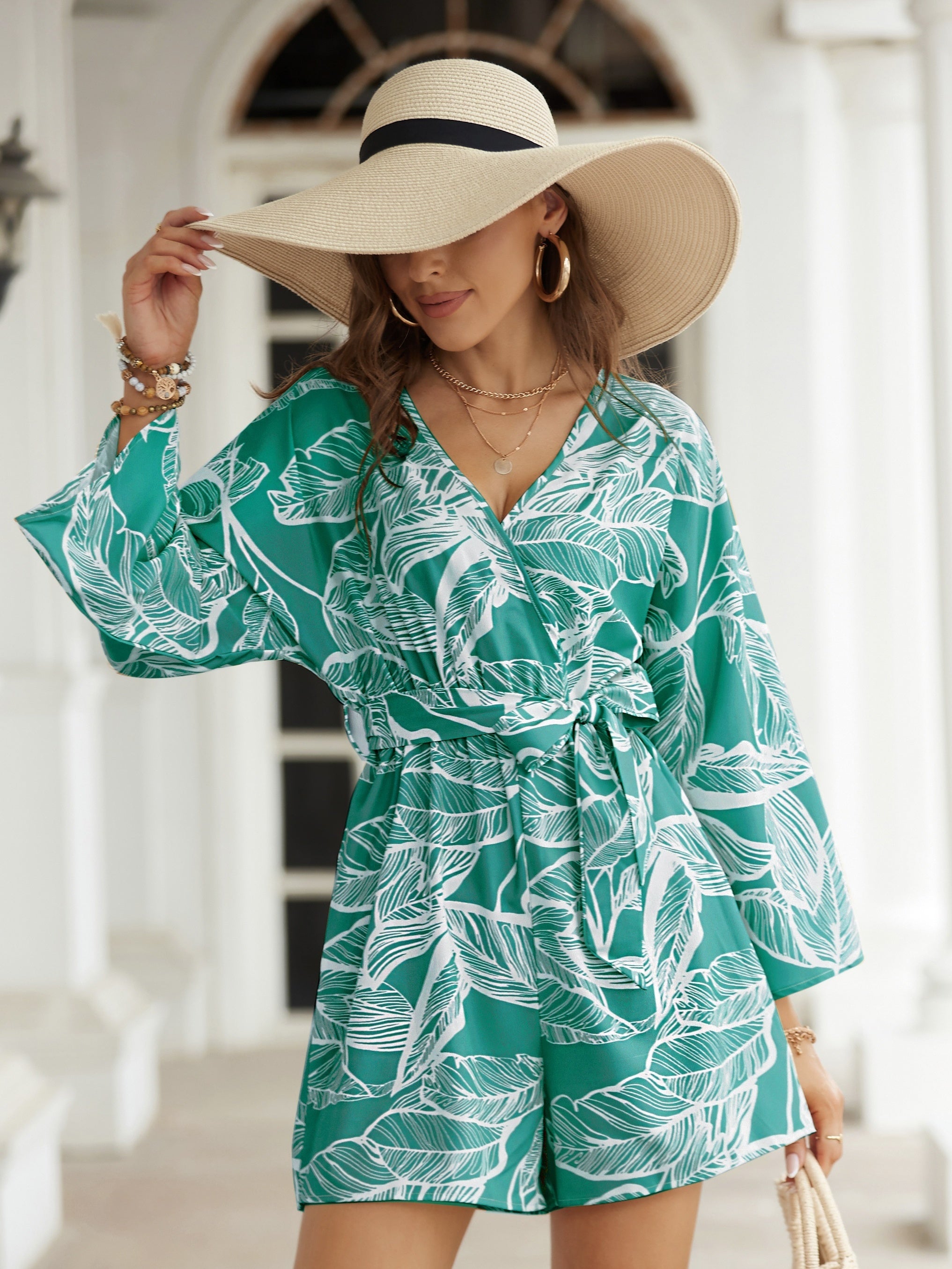 Leaves Print Surplice Neck Romper