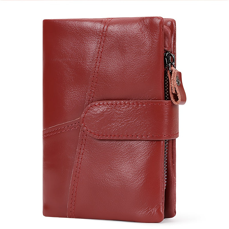 Women's Red Leather Bifold Wallet RFID Zipper Snap Closure