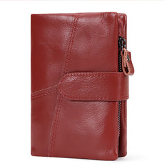 Women's Red Leather Bifold Wallet RFID Zipper Snap Closure