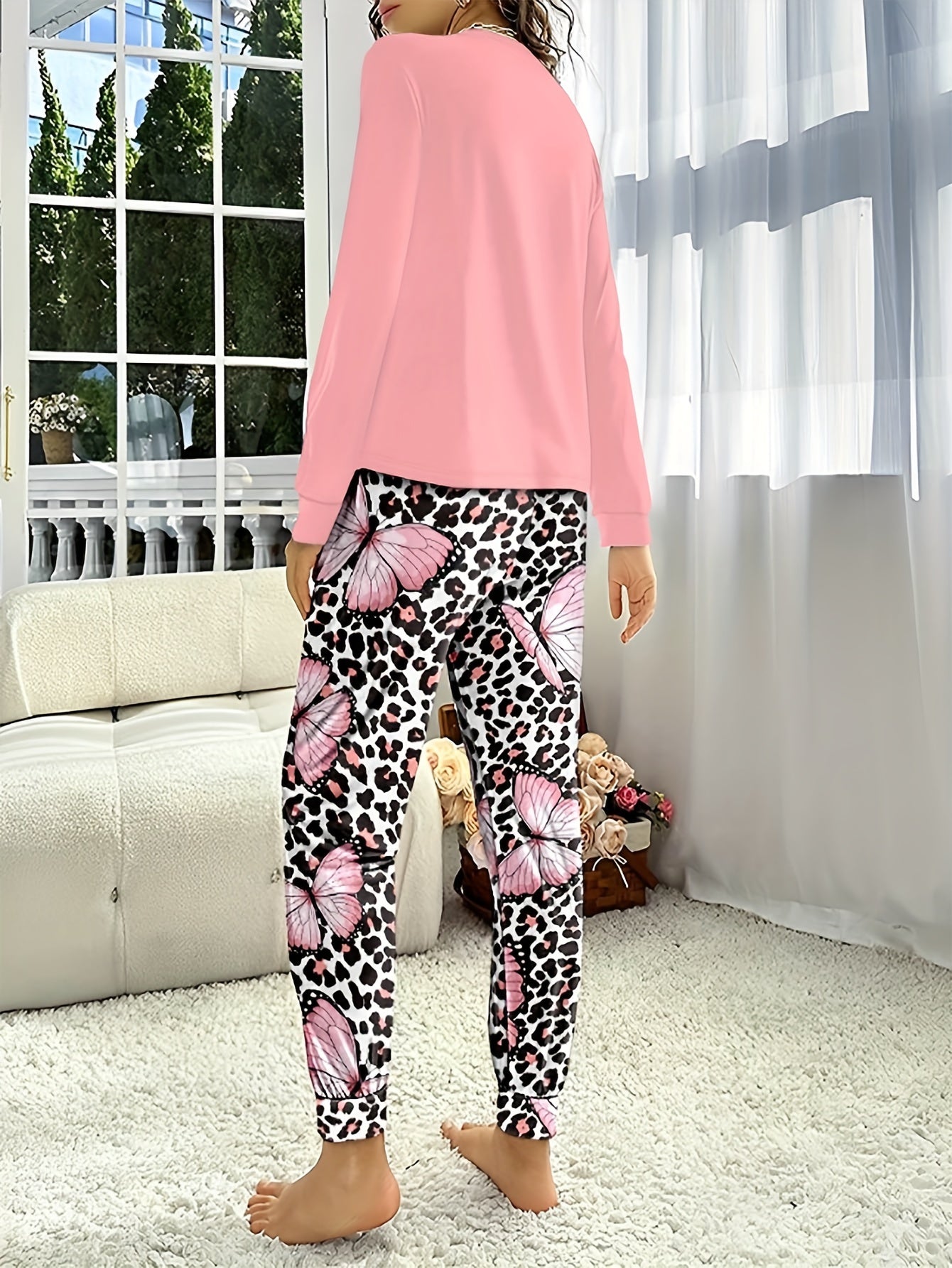 Plus Leopard & Butterfly Print Long Sleeve Top & Leggings Set