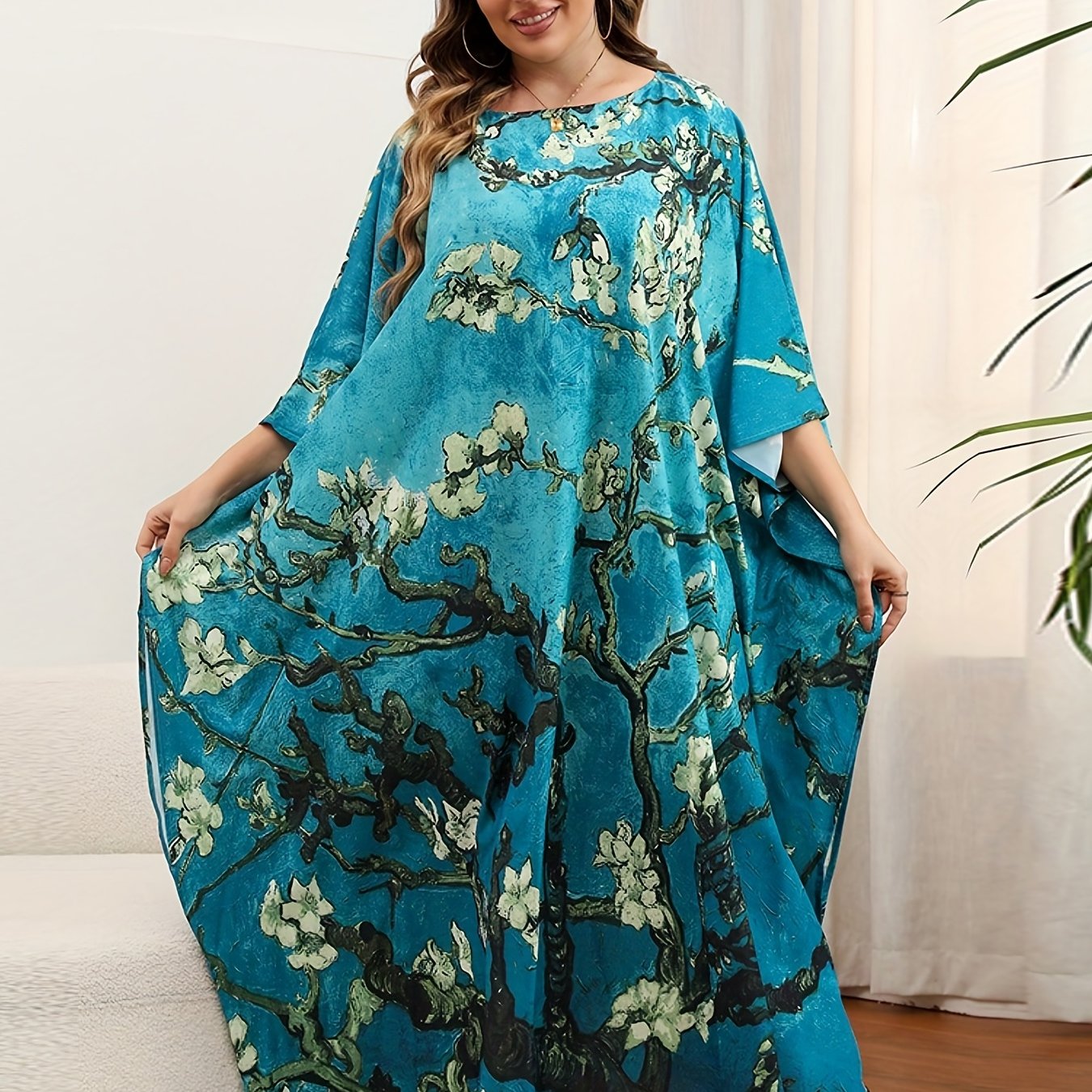 Boho Cover Up Dress Women's Plus Floral Print Bat Sleeve