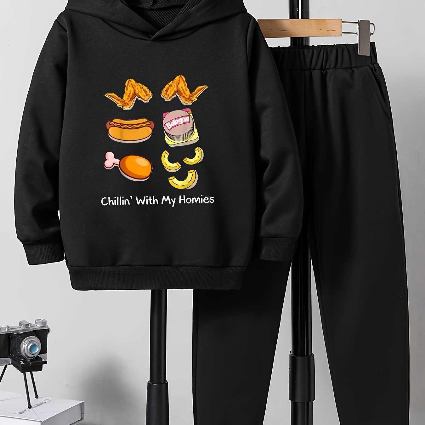 2pcs Food Print Boys Hoodie Kids Casual Long Sleeve Loose Hooded Sweatshirt