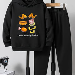 2pcs Food Print Boys Hoodie Kids Casual Long Sleeve Loose Hooded Sweatshirt
