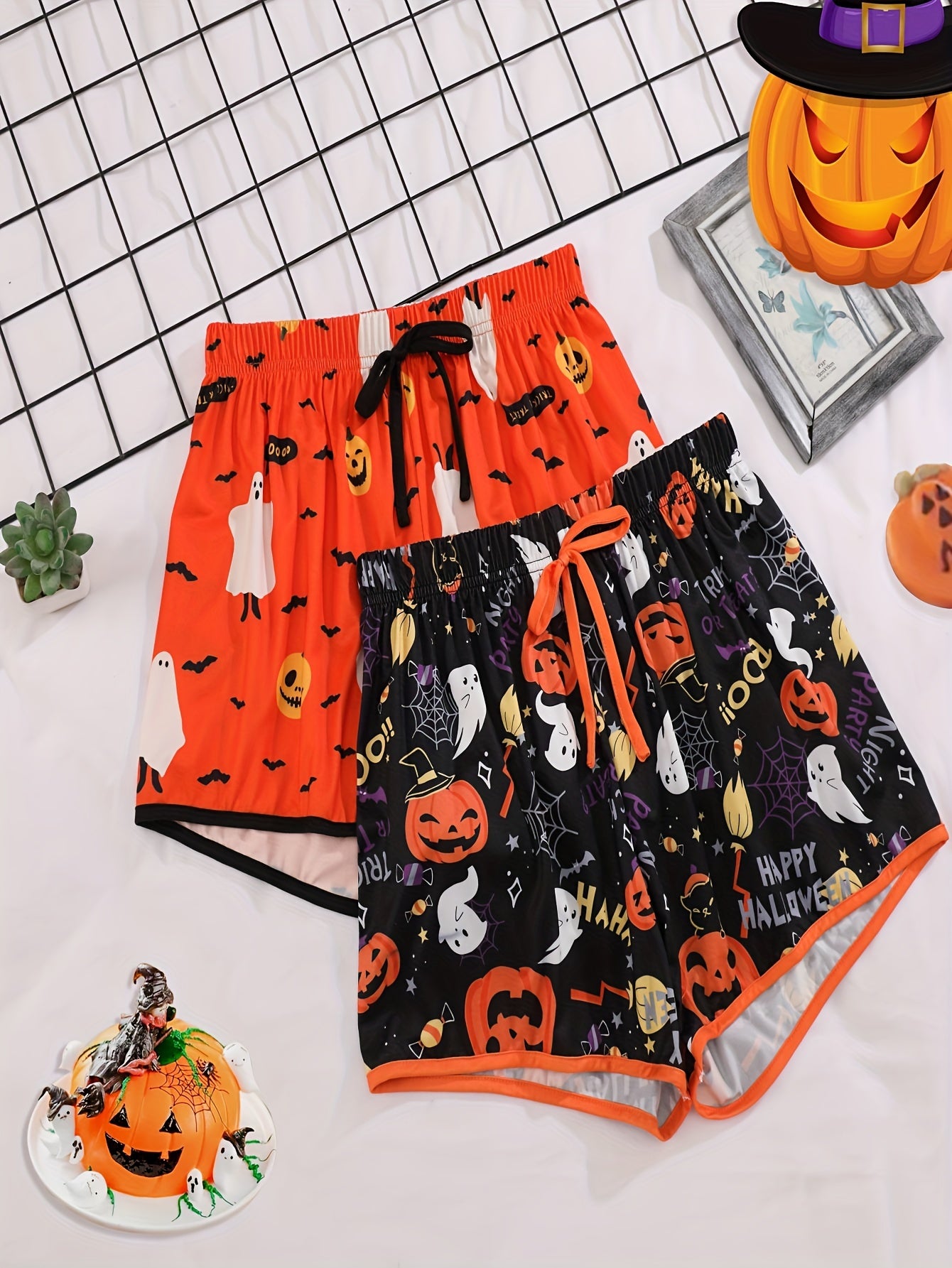 2pcs Pumpkin Print Sleep Bottoms Elastic Waistband Shorts Women's Sleepwear