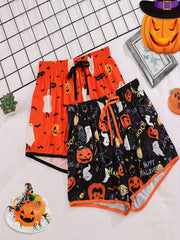 2pcs Pumpkin Print Sleep Bottoms Elastic Waistband Shorts Women's Sleepwear