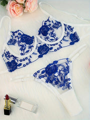 Floral Embroidered Lace Mesh Lingerie Set