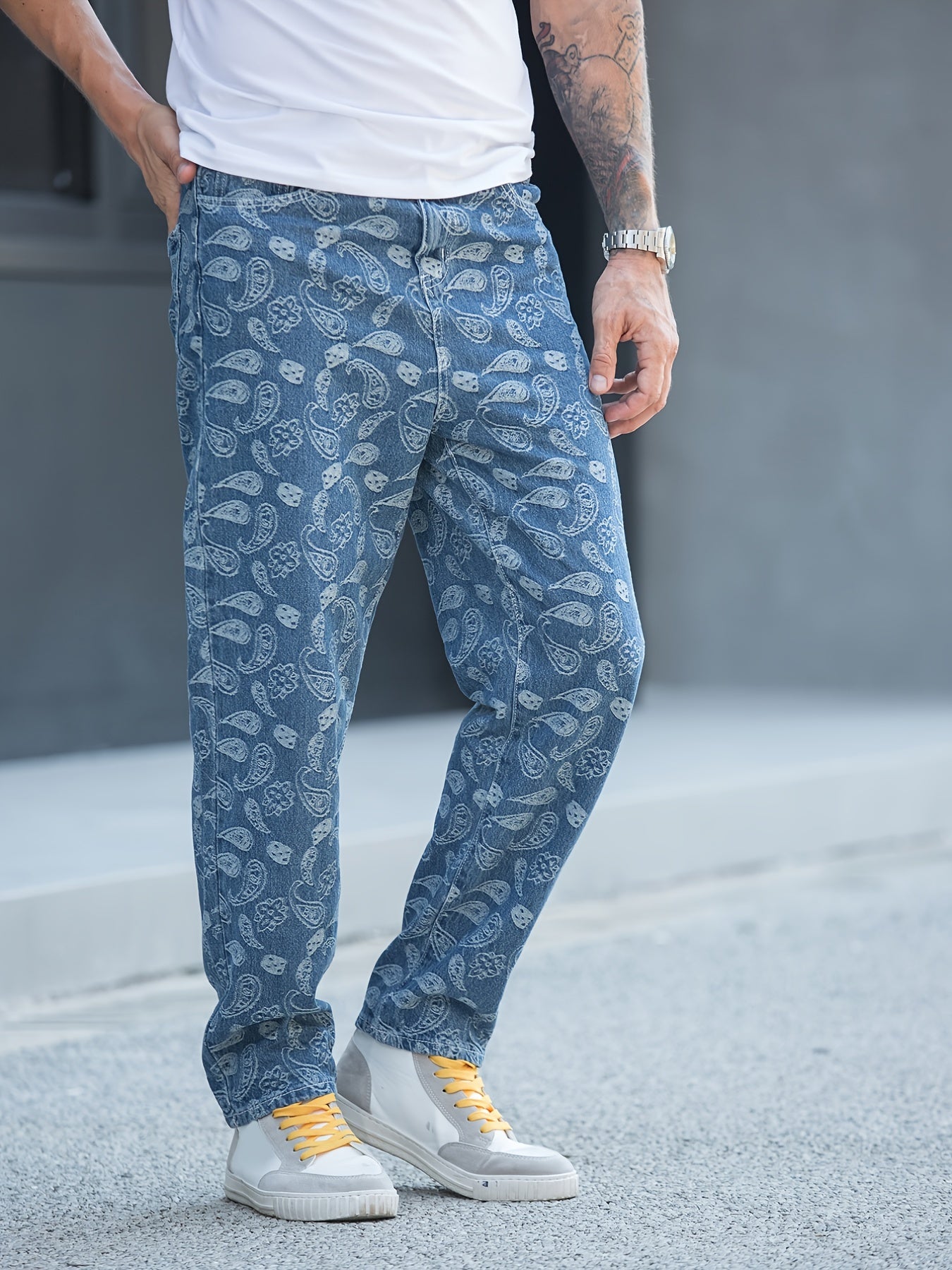 Mens Jacquard Jeans - Stylish Denim Pants with Unique Pattern