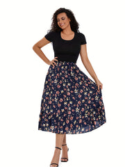 Boho Maxi Skirt Plus Ditsy Floral Print High Rise Pleated Maxi Skirt