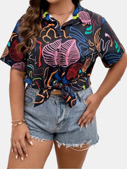 Casual Blouse Women's Plus Turn Down Leaf Print Short Sleeve