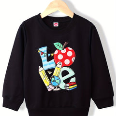 Girls' Cartoon School Stationery Graphic Round Neck Sweatshirt