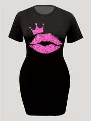 Lip With Crown Print Tee Dress Short Sleeve Round Neck Dress