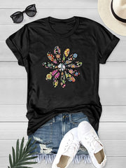 Summer Flower Graphic Tee Women Casual Crew Neck Short Sleeves Women's Tops
