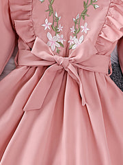 Girls' Flower Embroidery Flutter Trim Long Sleeve Dress
