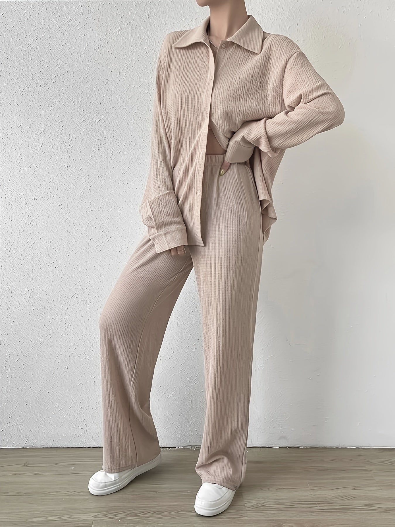 Casual 2 Piece Set Solid Blouse & Wide Leg Pants