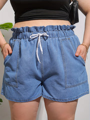 High Rise Drawstring Denim Shorts With Pockets