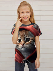Cat Graphic Short Sleeve T shirt for Girls Summer Gift Sports