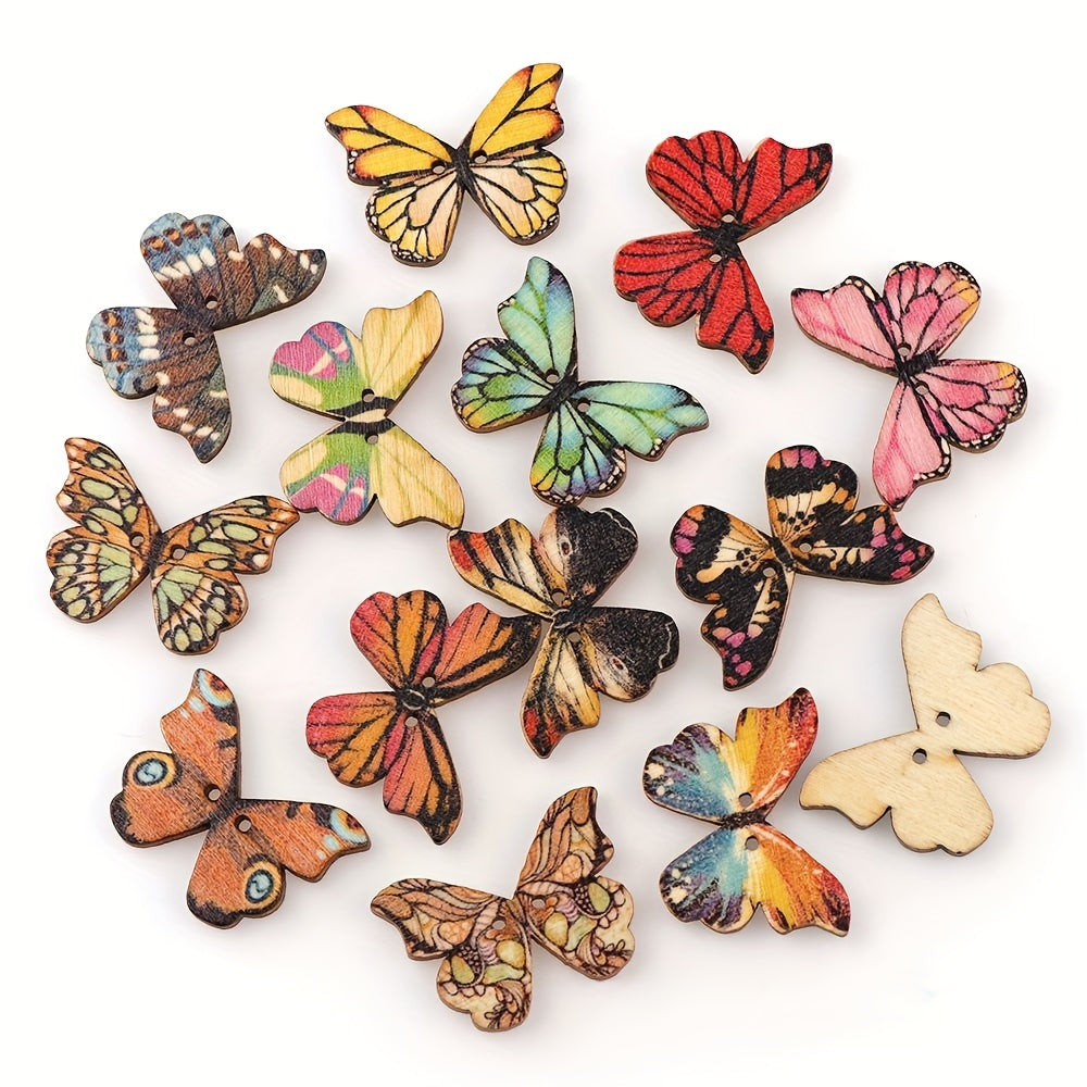 25-50pcs 2-Hole Colorful Butterfly Wooden Buttons for Sewing & Scrapbooking