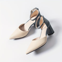 Block Heel Sandals Pointed Toe Buckle Strap Shoes Colorblock Pumps