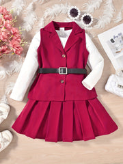 Girl's Preppy Style 3pcs Belted Vest Set