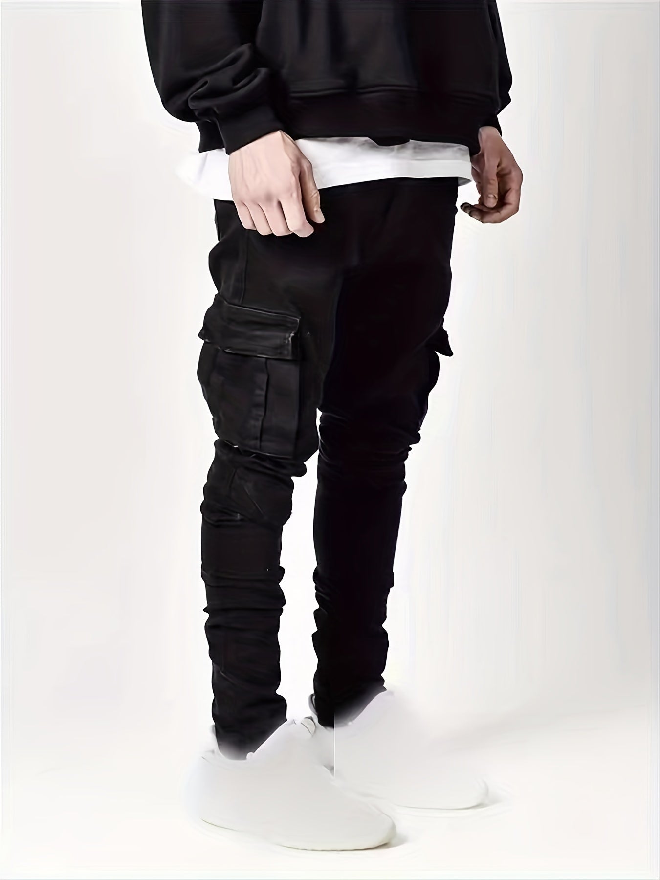 Men's Slim Fit Cargo Jeans Solid Mid Denim Pants