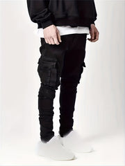Men's Slim Fit Cargo Jeans Solid Mid Denim Pants