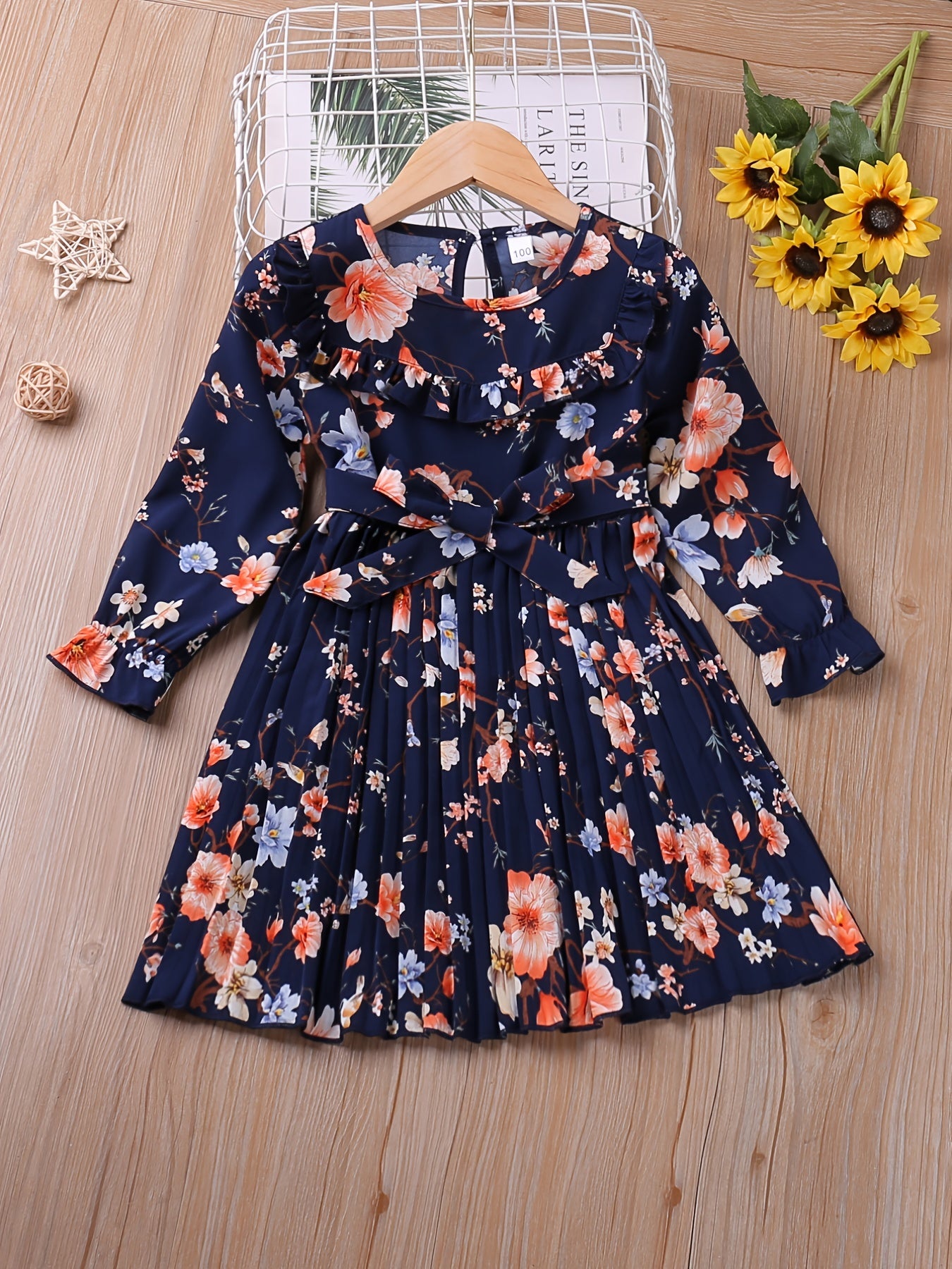 Girls Floral Botanical Print Long Sleeve Dress