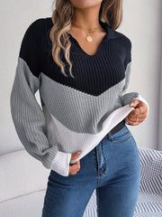 Block Polo Collar Sweater Drop Shoulder Knitted Top