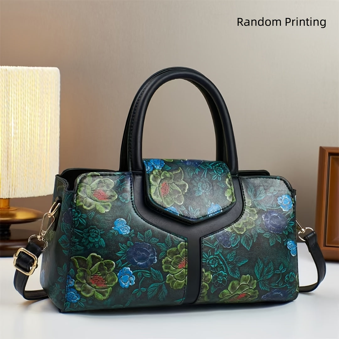 Vintage Floral Print Crossbody Bag Detachable Strap Zipper Closure