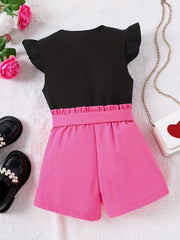 Girls Heart Graphic Flutter Sleeve Top & Belted Waist Shorts Set