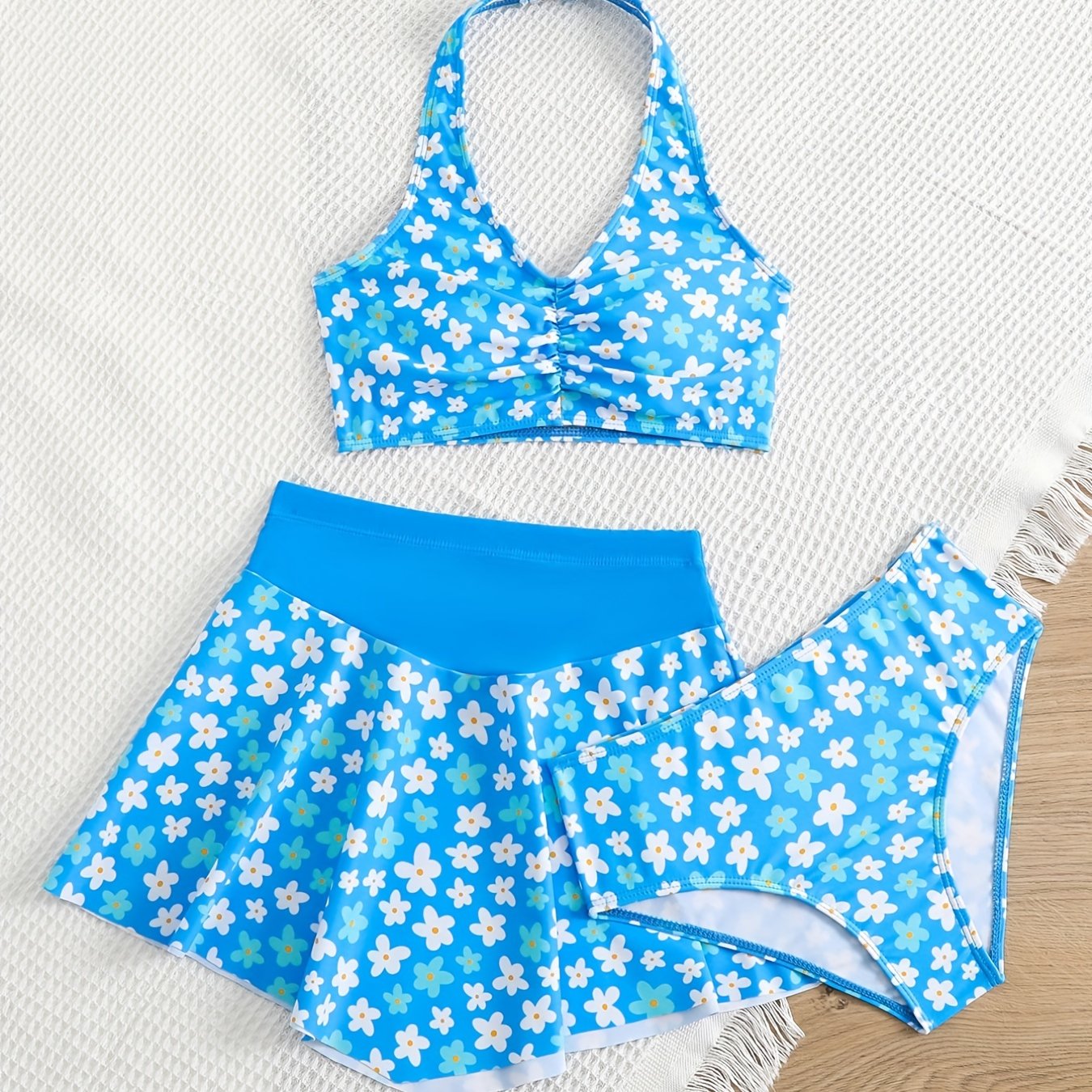 3pcs Girl's Floral Top & Skirt & Bikini Swimsuit Set Kids Beach Clothes