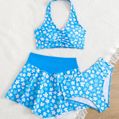 3pcs Girl's Floral Top & Skirt & Bikini Swimsuit Set Kids Beach Clothes