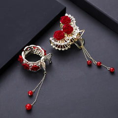 Chinese Style Rose Hair Clip Alloy Hairpin Decorated With Rhinestones Tassel
