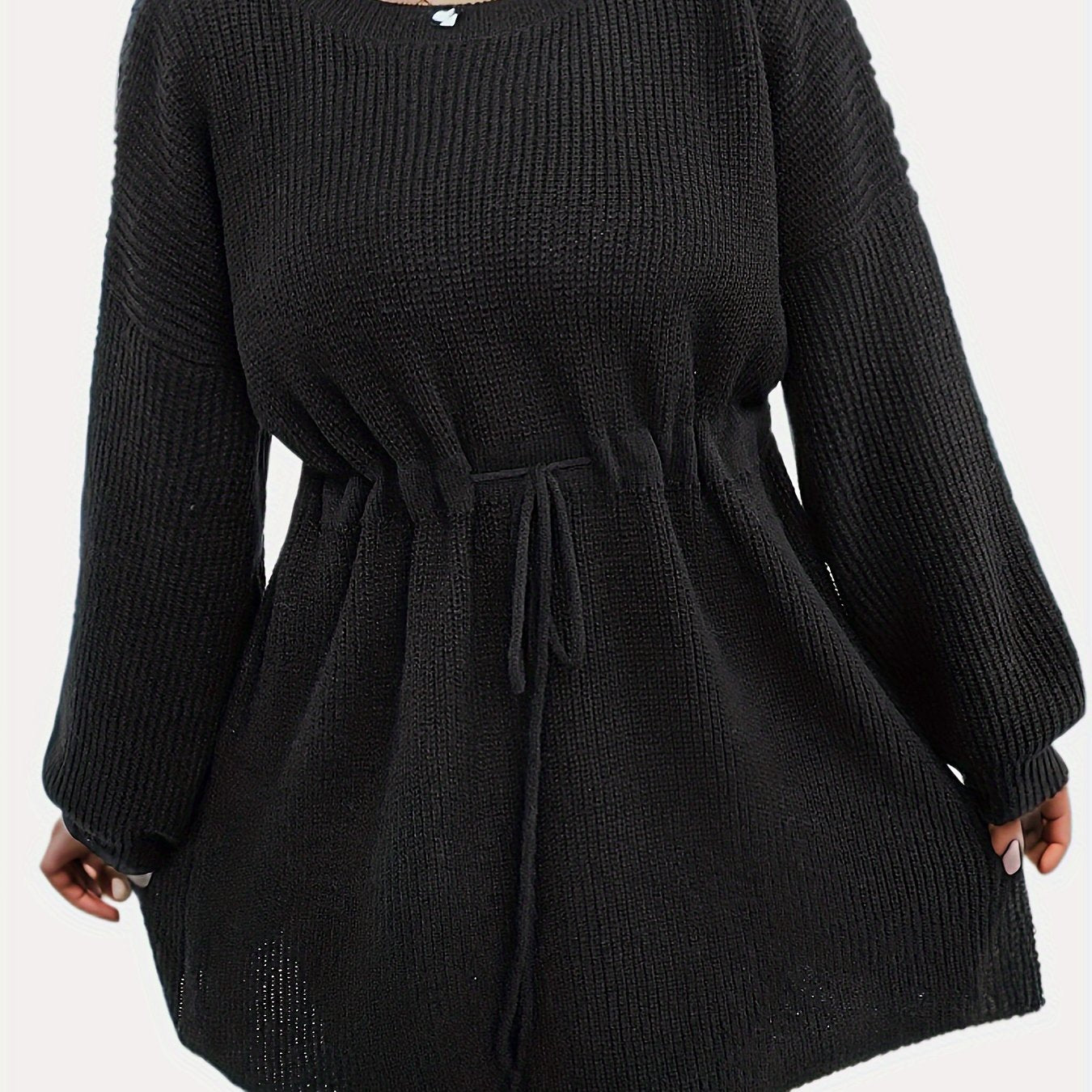 Casual Sweater Dress Women's Plus Solid Drawstring Lantern Sleeve