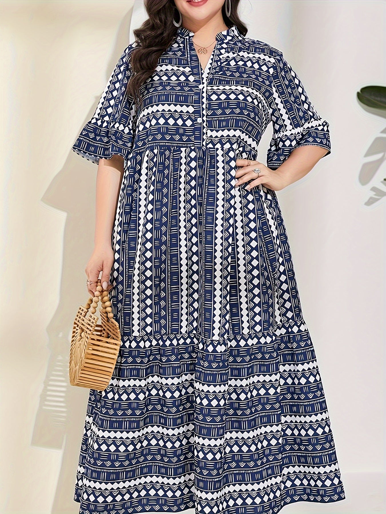 Colorblock Geometric Bell Sleeve Maxi Dress