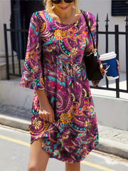 Boho Dress Women's Plus Paisley Floral Print Three Quarter Sleeve