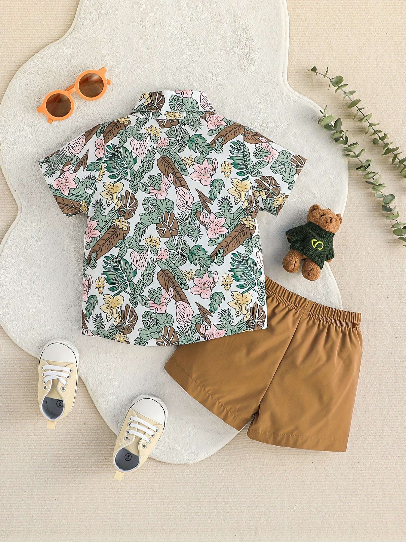 2pcs Baby Boys Floral Leaf Print Short Sleeve Shirt & Shorts Set