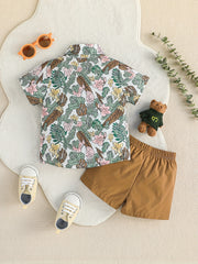 2pcs Baby Boys Floral Leaf Print Short Sleeve Shirt & Shorts Set