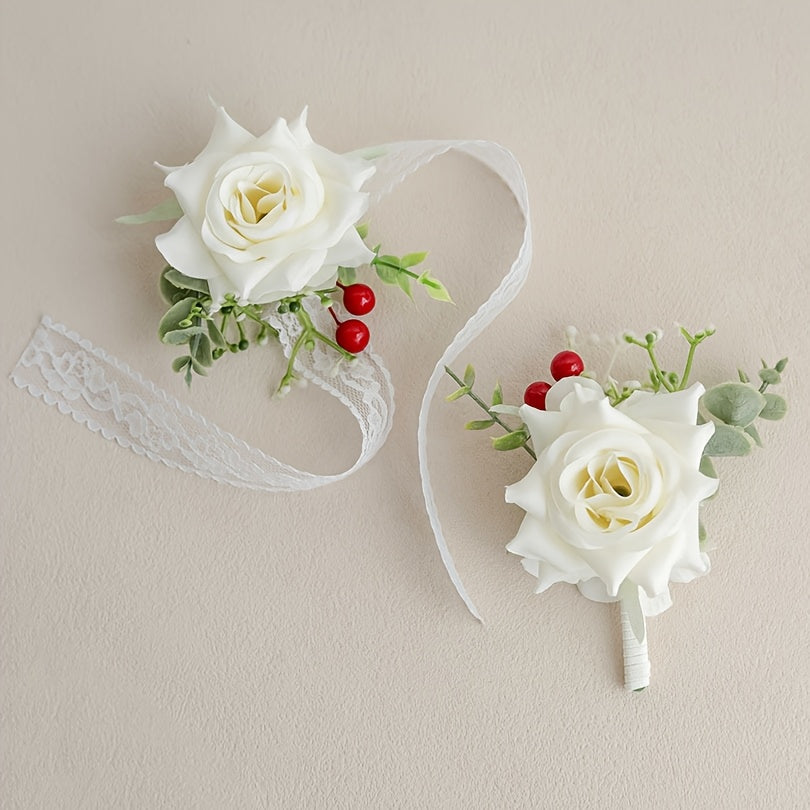 2pcs FANGSEN Artificial Rose Bridal Bouquets Bohemian Style with Lace Ribbon